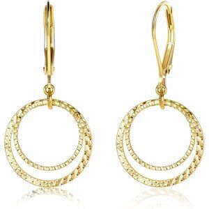 Women Gold Circle Textured Drop Hammered Leverback Dangle Earrings Jewelry